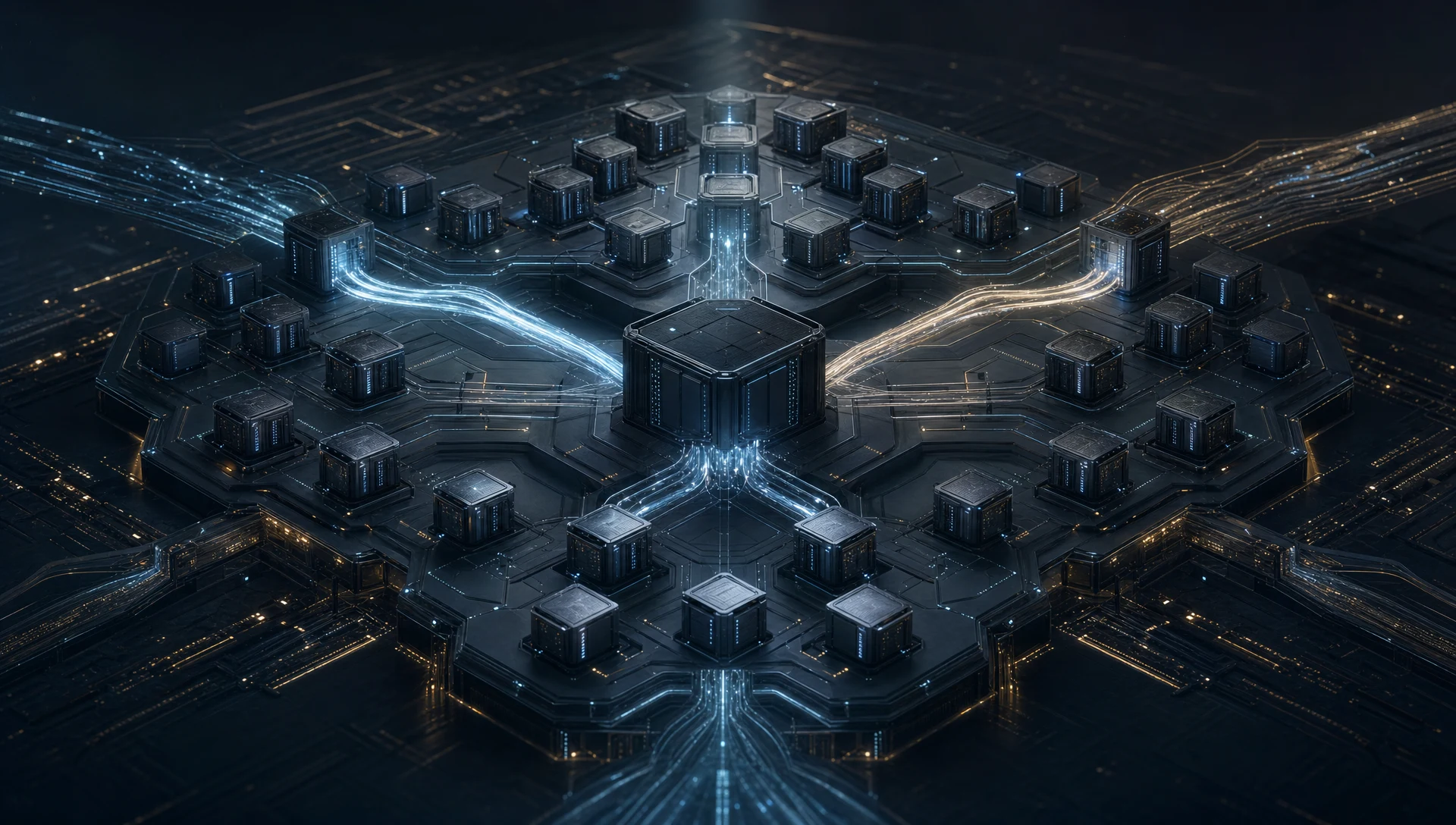 A central orchestration core coordinating a recursive network of specialized AI agents.