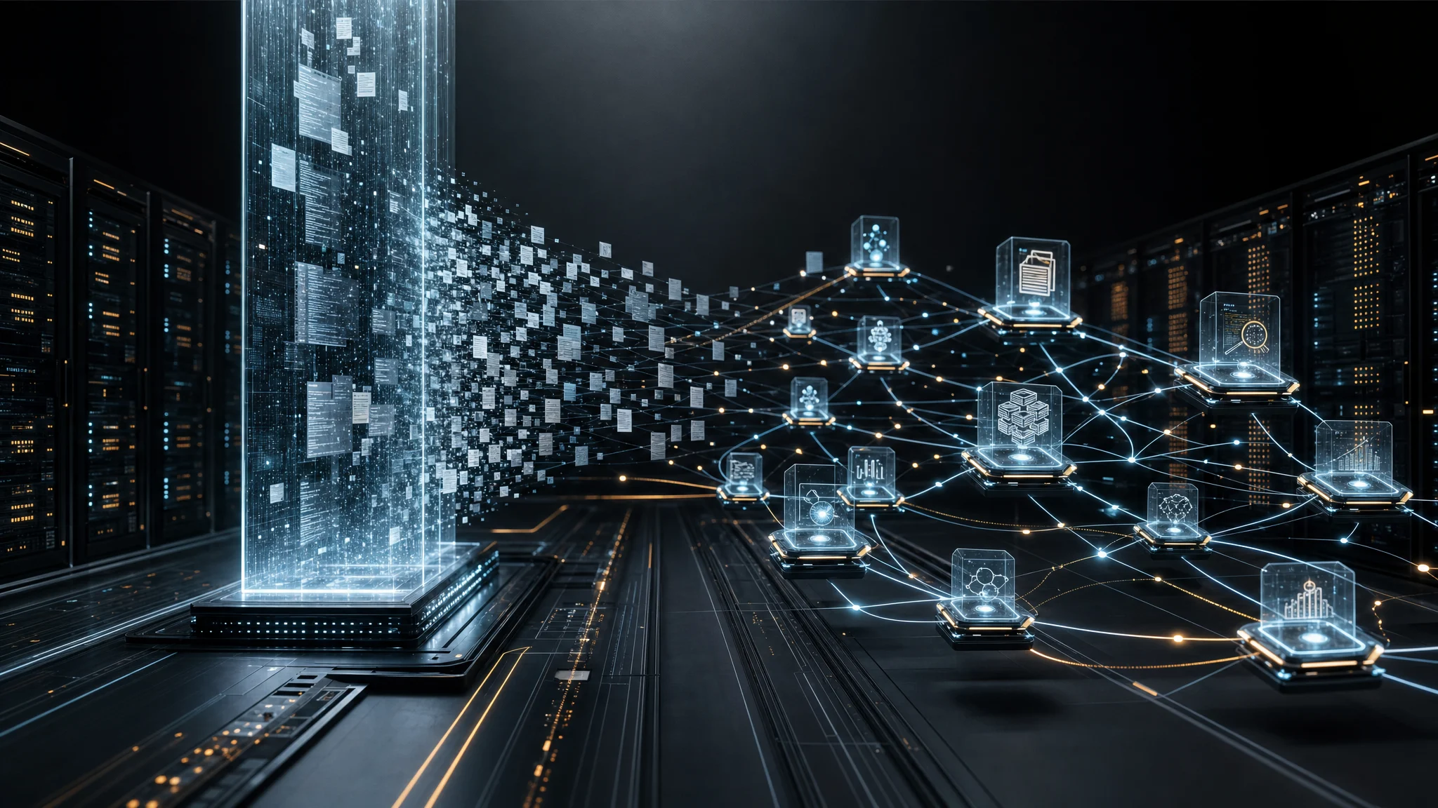 A large vertical context window dissolving into a coordinated network of specialized AI agents across compute infrastructure.